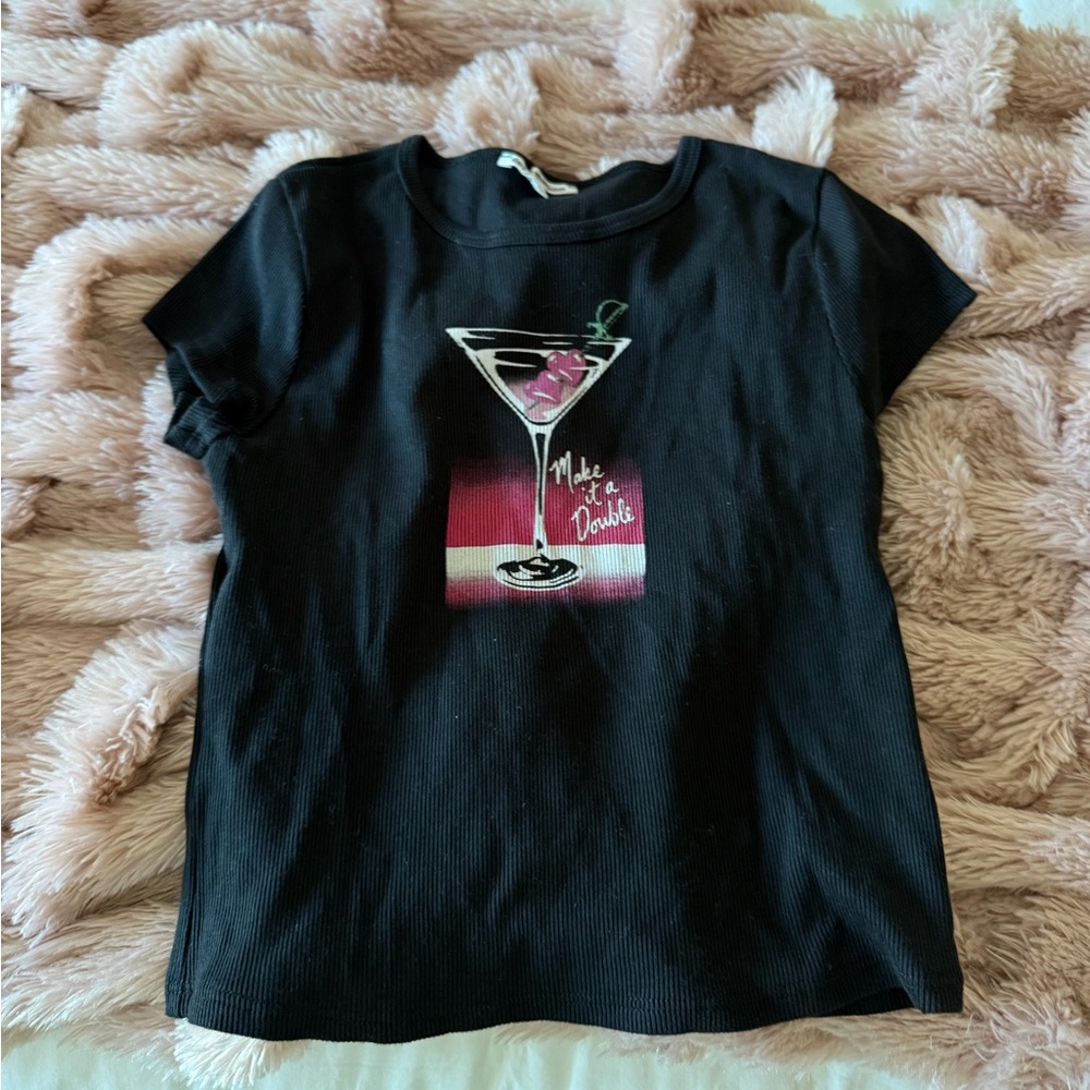 Reformation “Make it a Double” Black Cropped Top with Martini Glass Design